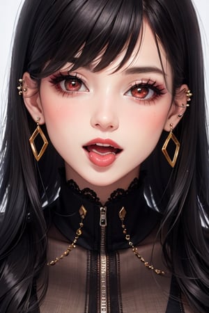 1girl,tongue,black hair,red eyes,solo,teeth,tongue out,eyelashes,bangs,piercing,open mouth,tongue piercing,earrings,jewelry,looking at viewer,long hair,close-up,red lips,blush,makeup,smile,long eyelashes,shiny,gem,eye focus,portrait,ear piercing,