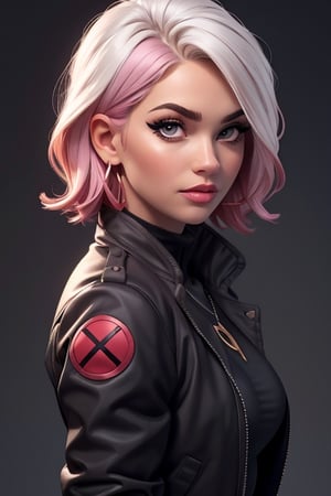 1girl,solo,jewelry,earrings,pink hair,jacket,necklace,looking at viewer,piercing,short hair,tattoo,upper body,black jacket,turtleneck,nose,grey eyes,realistic,purple hair,bangs,ear piercing,makeup,open clothes,gradient,open jacket,eyelashes,multicolored hair,gradient background,lips,closed mouth,shirt,mascara,breasts,simple background,CARTOON_X_MENs_Rogue