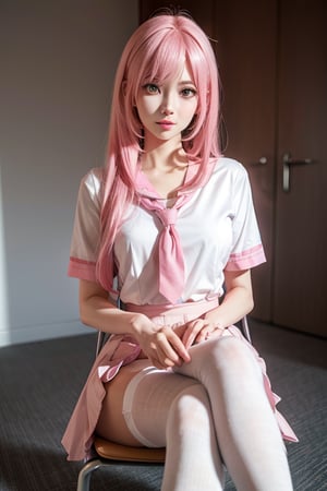 a woman with pink hair is sitting in a chair, 3 d anime realistic, hyperrealistic schoolgirl, hyper realistic anime, photorealistic anime, a hyperrealistic schoolgirl, realistic anime 3 d style, seductive anime girl, anime barbie in white stockings, smooth pink skin, zero two, anime 3 d art, 3d anime girl, 3d anime, 3 d anime
