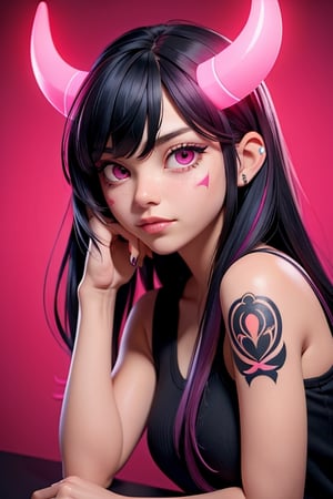1girl,solo,horns,looking at viewer,long hair,black hair,neon lights,bangs,pink hair,tattoo,closed mouth,lips,head rest,upper body,facial mark,pink eyes,
