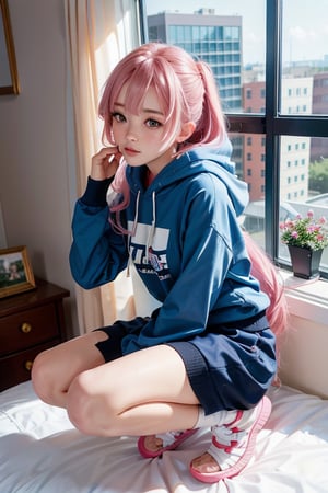 a woman sitting on top of a bed next to a window, seductive anime girl, attractive anime girl, anime girl, cute anime girl, beautiful anime girl, (anime girl), an anime girl, ilya kuvshinov. 4 k, pretty anime girl, in a hoodie, young anime girl, smooth anime cg art, beautiful anime girl squatting