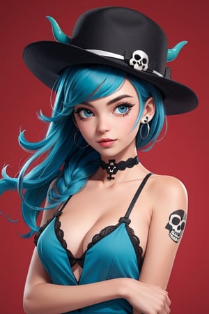 1girl,solo,horns,long hair,breasts,parted lips,looking at viewer,tattoo,upper body,red background,collarbone,blue eyes,bare shoulders,aqua hair,hair over breasts,small breasts,skull and crossbones,skull,hair censor,facial mark,lips,hat,aqua eyes,off shoulder,multicolored hair,blue hair,