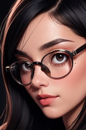 1girl,solo,black hair,tinted eyewear,looking at viewer,mole,sunglasses,star (symbol),round eyewear,close-up,bangs,glasses,portrait,red lips,lips,black eyes,parted lips,long hair,eye focus,eyelashes,