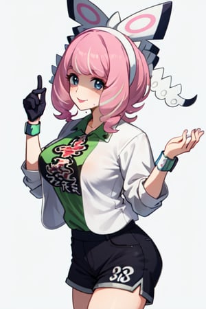 klara(pokemon), shirt, white_blouse, looking at viewer, mole, collared shirt, 1girl, pink lips, large breasts, pink hair, suit, smile, hairband, eyeshadow, makeup, solo, gloves, dynamax band, pink eyeshadow, mole under mouth, shirt, shorts, single glove, outline, bow, hands up, astral background