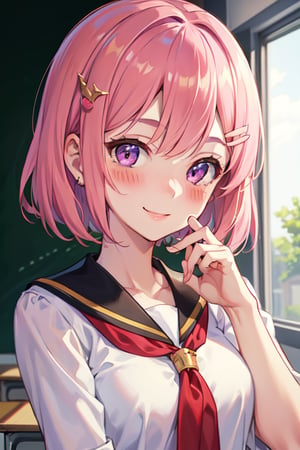 (best quality:1.1), (masterpiece:1.4), (absurdres:1.0), portrait, close up,1girl, momo velia deviluke, hair ornament, bob cut, short hair pink hair, purple eyes, medium breasts, yellow school uniform, looking at viewer, classroom, (blush:1.2), smile, 