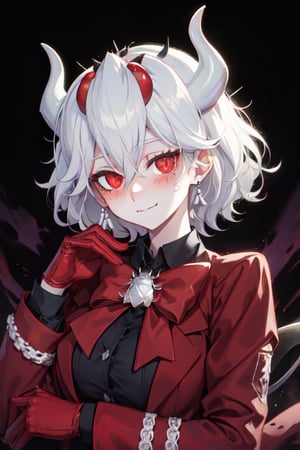 beelzebub(helltaker), white bowtie, vintage background, 1girl, suit, looking at viewer, red eyes, jacket, demon horns, white hair, vest, white bow, shirt, formal, bow, upper body, black waistcoat, smile, earrings, closed mouth, demon girl, red gloves, black shirt, bowtie, gloves, jewelry, red jacket, horns, white horns, solo, hair between eyes, short hair, blush, demon smile, 