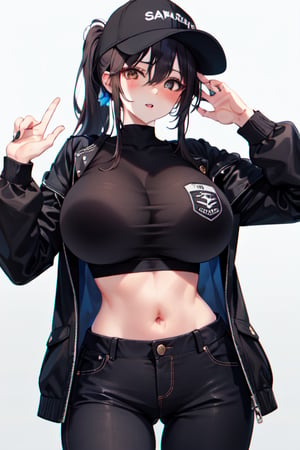 1girl, adjusting headwear, bangs, baseball cap, black hair, black headwear, black pants, black shirt, brown eyes, cowboy shot, crop top, huge breasts, hair between eyes, hand in pocket, hand on headwear, hat, huge breasts, long hair, long sleeves, looking at viewer, midriff, navel, pants, parted lips, ponytail, shirt, sidelocks, solo, stomach, white background,(masterpiece),(best quality),mature female,shiny skin,sakimichan