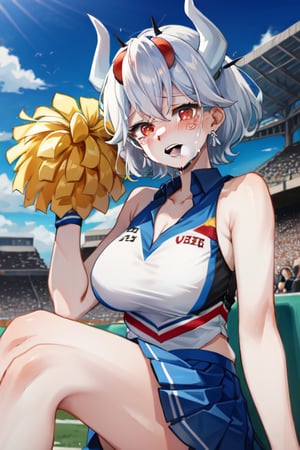 beelzebub(helltaker), freckles:0.7, 1girl, pom pom (cheerleading), large breasts, red eyes, looking at viewer, open mouth, demon horns, white hair, blue skirt, shirt, blush, smile, short hair, earrings, skirt, demon girl, sleeveless, holding, jewelry, horns, holding pom poms, white horns, solo, sitting, cheerleader,saliva, tears, crying,forced,open mouth, playground background, stadium background