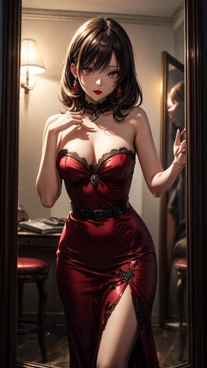 {masutepiece}, ((Best Quality)), hight resolution, {{Ultra-detailed}}, {extremely details CG}, {8k wall paper},kawaii, Vintage mirror, Applying deep red lipstick, Evening, Close-up, Front view, Reflection focus, Sensual application, Dramatic, Vintage dress, Eyes meeting viewer's in mirror