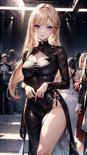 one beautiful girl,{masutepiece}, ((Best Quality)), hight resolution, {{Ultra-detailed}}, {extremely details CG}, {8k wall paper},kawaii,anime, Fashion Show, Modeling a designer dress, Night, Catwalk spotlight, Striding confidently, Flashing cameras from the audience, Focus on her poised stance, Texture of the luxurious fabric, Glamorous Mood, Whispers of admiration, High-fashion hairstyle.