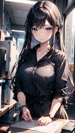 one beautiful girl,{masutepiece}, ((Best Quality)), hight resolution, {{Ultra-detailed}}, {extremely details CG}, {8k wall paper},kawaii,anime, Printer Area, Waiting for prints, Late afternoon, Stacks of papers, Slight impatience, Overhead office lights, Focus on her checking wristwatch, Texture of the printer machine, Anticipation Mood, Sound of the printer, Hair in a half-tied style.
