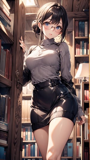 one beautiful girl,{masutepiece}, ((Best Quality)), hight resolution, {{Ultra-detailed}}, {extremely details CG}, {8k wall paper},kawaii,anime, Library Ladder, Climbing to reach a top-shelf book, Evening, Books of various sizes surrounding her, Vertical view of the tall bookshelf, Warm overhead lighting, Focus on her curiosity, Leather and paper Texture, Knowledge-seeking Mood, Wearing glasses and a sweater, Hair in a loose bun.