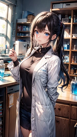 one beautiful girl,{masutepiece}, ((Best Quality)), hight resolution, {{Ultra-detailed}}, {extremely details CG}, {8k wall paper},kawaii,anime, Research Lab, Day, Experimenting, Wearing lab coat, Using microscope, Discovering something new, Engrossed in research, Ambition in eyes.
