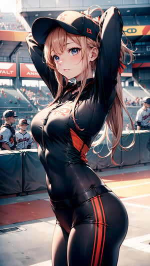 one beautiful girl,{masutepiece}, ((Best Quality)), hight resolution, {{Ultra-detailed}}, {extremely details CG}, {8k wall paper},kawaii,anime, Bullpen, Warming up, Early game, Preparing to pitch, Catcher in position, Fans watching, Focus on her stretching arm, Texture of the baseball glove, Readiness Mood, Distant game sounds, Hair held back by a cap.
