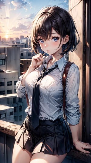 one beautiful girl,{masutepiece}, ((Best Quality)), hight resolution, {{Ultra-detailed}}, {extremely details CG}, {8k wall paper},kawaii,anime, School rooftop, Smoking, Sunset, Wide shot, Eye level, Ambient, Lit cigarette, Rough, Defiant, Modified school uniform (short skirt, loosened tie), Bleached short hair
