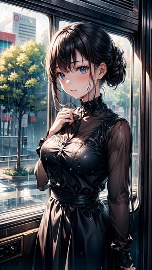 one beautiful girl,{masutepiece}, ((Best Quality)), hight resolution, {{Ultra-detailed}}, {extremely details CG}, {8k wall paper},kawaii,anime, Team Bus, Reflection after a loss, Rainy evening, Looking out of the window, Raindrops racing, Silhouette of passing trees, Focus on her contemplative look, Texture of the wet window, Melancholic Mood, Muffled sounds of the rain, Hair resting on her shoulders.
