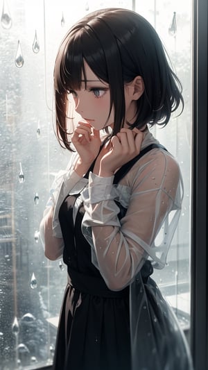 one beautiful girl,{masutepiece}, ((Best Quality)), hight resolution, {{Ultra-detailed}}, {extremely details CG}, {8k wall paper},kawaii,anime, Rainy Respite, Standing by a large window, Rainy day, Raindrops streaming down, Sheet wrapped around her protectively, Focus on her introspective look, Glass and rain Texture, Melancholic Mood, The soft sound of rain, Hair damp from the moisture.