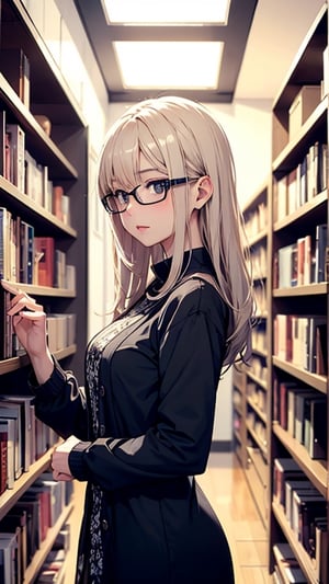 one beautiful girl,{masutepiece}, ((Best Quality)), hight resolution, {{Ultra-detailed}}, {extremely details CG}, {8k wall paper},kawaii,anime, Library, Browsing Books, Mid-morning, Over-the-shoulder view, Ambient Lighting focusing on Bookshelves, Wooden Texture, Curious Mood, Wearing Scholarly outfit with glasses, Long straight Hairstyle.