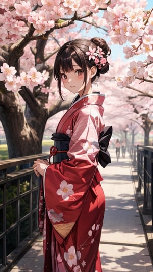 one beautiful girl,{masutepiece}, ((Best Quality)), hight resolution, {{Ultra-detailed}}, {extremely details CG}, {8k wall paper},kawaii,anime, Sakura Grove, Standing under blooming cherry blossoms, Spring afternoon, Petals falling around her, Sun casting a pink hue, Delicate petal Texture, Nostalgic Mood, Wearing a traditional kimono, Hair adorned with sakura flowers.