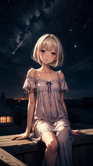 one beautiful girl,{masutepiece}, ((Best Quality)), hight resolution, {{Ultra-detailed}}, {extremely details CG}, {8k wall paper},kawaii,anime, Starry Night, Gazing at the Sky, Wide shot, Ambient Lighting focusing on Stars, Cosmic Texture, Dreamy Mood, Wearing Nightgown, Short bob Hairstyle.
