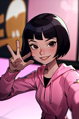 julie_yamamoto,solo,black hair,short hair,brown eyes,, hoodie,pink hoodie, blurry_background, fisheye lens, snapchat, selfie, smiling, peace sign