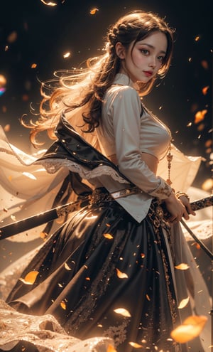(best quality, 4k, 8k, highres, masterpiece:1.2), 1girl, a beautiful girl, large breast, cleavage and midriff, holding two katanas, long beautiful braided hair, green fierce eyes, flames and embers, rainbow glitters, dark shadows, DSLR, ((extremely delicate and beautiful)), (volumetric lighting, Highres), (Detailed Illustration), Ultra-Detailed, depth of field, high details, insane details, high details, realistic, Young beauty spirit, ,mirrornun,glittering,