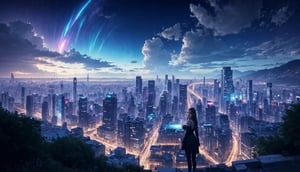 (best quality, 4k, 8k, highres, masterpiece:1.2), 1girl, a pretty girl on the outskirts of a brightly lit city, the city skyline lights the night, multi colored sky, official art, color gradient, Digital artwork, Bright and vibrant, ultra detailed, beautiful and aesthetic, green eyes, ultra-detailed, hyper-realistic, large breast, photo realistic, dynamic lighting, artstation, poster, volumetric lighting, very detailed faces, 4k, award winning, in the dark, deep shadow, low key, insane details, perfecteyes, insane details, high details ,insane details,high details,realistic,Young beauty spirit ,Best face ever in the world,girl