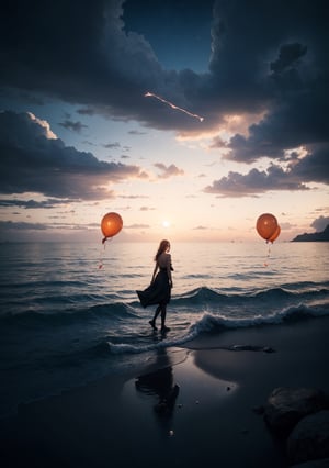 (best quality, 4k, 8k, highres, masterpiece:1.2), 1girl, a silhouette pretty girl walking on the surface of water, holding a balloon to help guide her way, the dusk burns the sky to orange while lighting the glitters of the crystal clear water, official art, color gradient, Digital artwork, Bright and vibrant, ultra detailed, beautiful and aesthetic, green eyes, ultra-detailed, hyper-realistic, large breast, photo realistic, dynamic lighting, artstation, poster, volumetric lighting, very detailed faces, 4k, award winning, in the dark, deep shadow, low key, insane details, perfecteyes, insane details, high details ,insane details,high details,realistic,Young beauty spirit ,Best face ever in the world,girl