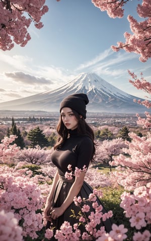 (best quality, 4k, 8k, highres, masterpiece:1.2), 1girl, a pretty girl in sweater and pleated skirt, beanie with long hair, large glasses, a sunset beaming in the horizon, mount fuji in the distant, cherry blossoms in winter, official art, color gradient, Digital artwork, Bright and vibrant, ultra detailed, beautiful and aesthetic, green eyes, ultra-detailed, hyper-realistic, large breast, wolrd of fantasy, photo realistic, dynamic lighting, artstation, poster, volumetric lighting, very detailed faces, 4k, award winning, in the dark, deep shadow, low key, insane details, perfecteyes, insane details, high details ,insane details,high details,realistic,Young beauty spirit ,Best face ever in the world,girl
