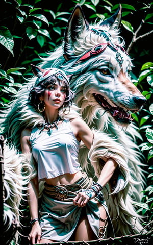1girl, solo, portrait of beautiful princessmononoke in jungle with a giant white wolf, wolf fur clothing, fierce eyes, details, realistic, photography, blurry background, softfocus, Dreamwave, insane details 