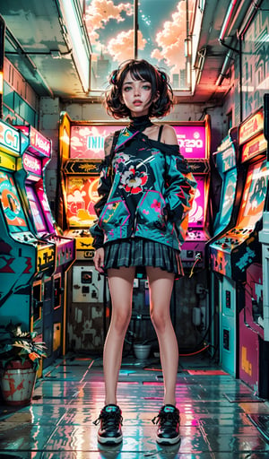 ((masterpiece)), (best quality), 1girl, (long flowing hair, brown, green eyes:1.4, (a girl inside a retro arcade), (wearing off shoulder oversized jacket with a floral short skirt), large breast, unique background, arcade room, (cinematic tones), beautiful, aesthetic, retro, gamer, colorful, (photo-realisitc), (perfect anatomy:1.2), detailed eyes:1.2, exposure blend, full body shot, bokeh, (realistic style), (ultra wide shot), extremely detailed, (hdr:1.4), high contrast, (cinematic, colorful:0.85), (muted colors, dim colors, soothing tones:1.3), low saturation, RAW photo, unique, high_res,perfecteyes,miami_vice_arcade_retreat