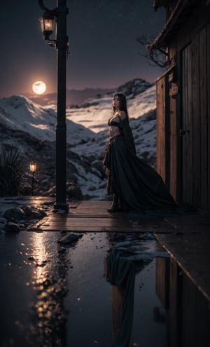 (best quality, 8k, 32K UHD, highres, masterpiece:1.2), ultra-detailed, hyper-realistic, 1girl, a pretty girl underneath the beautiful moonlight, surreal, beautiful and mesmorizing, a calm and peaceful scenery, magical, abstract designs, beautiful and mesmorizing, raw photo, memorable, cinematic views, long black hair, green eyes, large breast, cleavage and midriff, perfecteyes, High detailed, perfect, realhands, insane details, more detail, High detailed, Color magic, insane details,girl,High detailed,