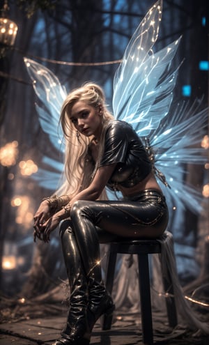 (best quality, 8k, 32K UHD, highres, masterpiece:1.2), ultra-detailed, hyper-realistic, 1girl, a pretty girl sitting with her majectic wings, surreal, gazing with a dead stare, emotionless, beauty, stars and glitter, deep shadows, colorful, soothing, soft lighting, unique, one of a kind, soft lighting, long ponytail, black hair, green eyes, large breast, cleavage and midriff, dark, black tones, photo realistic, dynamic lighting, artstation, poster, cinematic lighting, very detailed faces, 4k, 1girl, slight smile, deep shadow, low key, insane details, perfecteyes, High detailed, perfect, realhands,glitter,insane details ,yoga pants,realhands,shiny,