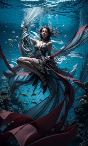 (best quality, 8k, 32K UHD, highres, masterpiece:1.2), ultra-detailed, hyper-realistic, 1girl, a pretty girl underneath the ocean, water bending and shrouded with streams of water, magical, abstract designs, beautiful and mesmorizing, raw photo, memorable, cinematic views, long black hair, green eyes, large breast, perfecteyes, High detailed, perfect, realhands, insane details, more detail, High detailed, Color magic, insane details,girl,fantasy00d,High detailed,yushui