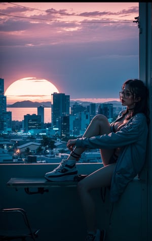 (best quality, 4k, 8k, highres, masterpiece:1.2), 1girl, a beautiful girl, glasses, large breast, cleavage and midriff, oversized jacket, staring to the horizon, sitting on balcony, long black hair, 8k, insane details, intricate details, hyperdetailed, hyper quality, high detail, ultra detailed, best quality, pixiv, show cleavage, (cold attitude,eyeshadow,eyeliner,red lips:1.1), Young beauty spirit,glitter,sunset_scenery_background