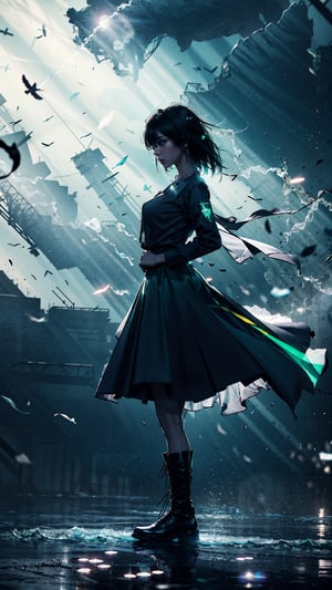 1girl, solo, (long hair, black hair, green eyes:1.3), (next level streetwear, black cargo skirt, belts, black boots, necklace), glitter, black, realistic style, 8k, exposure blend, (tomboy, big breast, slim, angry:1.1), (fighting pose), (full body), (fantasy clothes:1.2), (wind:1.3), dark of night, (aesthetic background),(masterpiece:1.2), (best quality, highest quality), (ultra detailed), (8k, 4k, intricate),(full-body-shot), (50mm), (highly detailed:1.2),(detailed face:1.2), detailed_eyes,(gradients),(ambient light:1.3) center subject, (cinematic composition:1.3),(HDR:1),Accent Lighting,extremely detailed,original, highres,(perfect_anatomy:1.2), (ray tracing),dark studio,	 SILHOUETTE LIGHT PARTICLES,fantasy_world