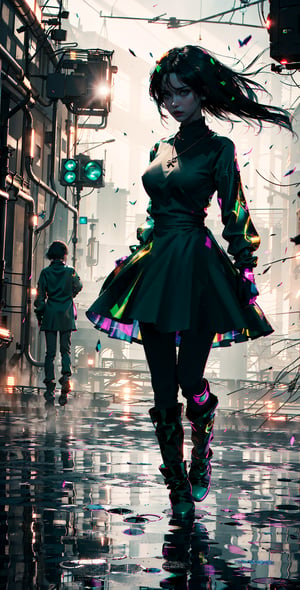 1girl, (long hair, black hair, green eyes:1.3), (next level street wear, black boots, necklace), glitter, black, realistic style, 8k, exposure blend, (tomboy, big breast, slim, angry:1.1), (fighting pose), (full body), (fantasy clothes:1.2), (wind:1.3), dark of night, (aesthetic background),(masterpiece:1.2), (best quality, highest quality), (ultra detailed), (8k, 4k, intricate),(full-body-shot), (50mm), (highly detailed:1.2),(detailed face:1.2), detailed_eyes,(gradients),(ambient light:1.3),(cinematic composition:1.3),(HDR:1),Accent Lighting,extremely detailed,original, highres,(perfect_anatomy:1.2), (ray tracing),dark studio,	 SILHOUETTE LIGHT PARTICLES,fantasy_world