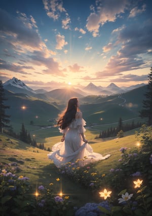 (best quality, 4k, 8k, highres, masterpiece:1.2), 1girl, a beautiful girl, long hair blowing in the wind, long dress flowing in the wind, (wind:1.2), open plain of greens, flowers that glitter like stars, colorful and vivid, mountain overpass, staring to the horizon, 8k, insane details, intricate details, hyperdetailed, hyper quality, high detail, ultra detailed, best quality, pixiv, Young beauty spirit,glitter,sunset_scenery_background,shiny