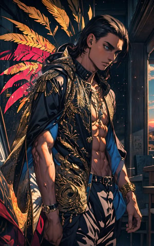  erenad ((1boy)), (realism, cinematic),  erenad, solo, erenad, solo, 1boy, jacket, male focus, open clothes, hood, abs, outstretched arm, topless male, sunset,High detailed 