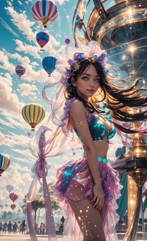 (best quality, 8k, 32K UHD, highres, masterpiece:1.2), ultra-detailed, hyper-realistic, 1girl, a pretty girl inside of a colorful candy land, a merry go round, balloons, hot air balloons, radiant skies filled with cotton candy as clouds, lolipop, majectic, colorful clouds of smoke, colorful, soothing, soft lighting, unique, one of a kind, soft lighting long hair, black hair, green eyes, large breast, cleavage and midriff, photo realistic, dynamic lighting, cinematic lighting, very detailed face, 4k, slight smile, deep shadow, insane details, perfecteyes, High detailed, perfect, realhands,glitter,insane details,more detail ,bioluminescent dress,shiny