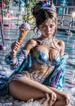 Hyper-realistic art, gallery-grade work, ultra precision, visually striking, sublime masterpiece, peak clarity, twilight dimness, subdued lighting, 1girl, solo, large breast, (iridescent colors), cleavage, A girl sitting on a giant ice cream, which is adorned with vibrant colors, delightful frosting, and rainbow sprinkles. She holds an oversized waffle cone, shimmering candies. Floating around her are some small balloons, each tied to a petite candy. The scene is filled with sweetness and joy, showcasing the girl's happiness and the enchanting fusion of her imagination and a fantastical world,fantasy, high contrast, ink strokes, explosions, over exposure, purple and red tone impression , abstract, ((watercolor painting by John Berkey and Jeremy Mann )) brush strokes, negative space,

,glitter,ic34rmor,Ice_Cream
