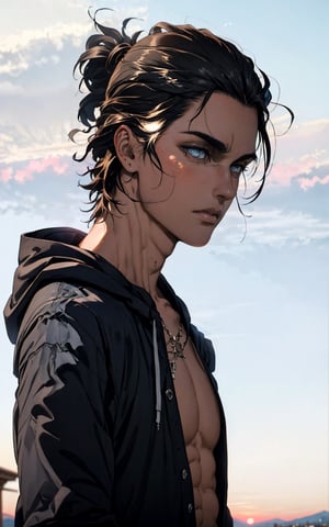  erenad ((1boy)), (realism, cinematic),  erenad, solo, erenad, solo, 1boy, jacket, male focus, open clothes, hood, abs, outstretched arm, topless male, sunset,High detailed 