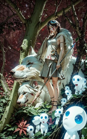 1girl, solo, portrait of beautiful princessmononoke in jungle standing with a giant white wolf, wolf fur clothing, fierce eyes, holding a wooden spear, bloody face, vibrant details, realistic, photography, cinematic tones, softfocus, Dreamwave, insane details ,jellyfishforest