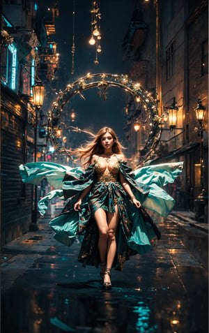 (masterpiece, best quality), (fujifilm), (hyper-realism), 1girl, long hair, (large breast, cleavage), cinematic photo of a pretty girl, dark setting, very intricate . 35mm photograph, broken visuals, film, bokeh, professional, 4k, highly detailed, key visual, vibrant, highly detailed, windy, looking upwards, night mode, particles, glitter, gleam, (cinematic, black and green tones), (full body), soothing, Colorful portraits, Detailedface, Detailedeyes,glitter,shiny,jellyfishforest,FUJI