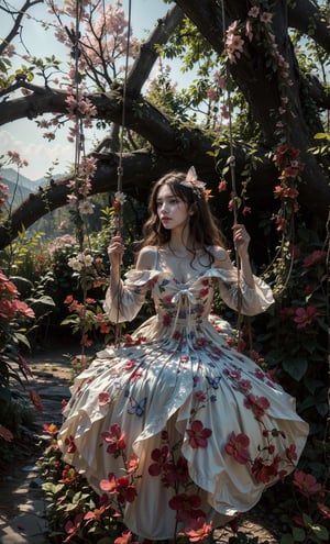 (best quality, 4k, 8k, highres, masterpiece:1.2), 1girl, a pretty girl riding a swing, long hair, green eyes, large breast, flowing dress, sitting on a swing, flowers and absurd scenery, flowers of every color, butterflies, nature, ((extremely delicate and beautiful)), (volumetric lighting, Highres), (Detailed Illustration), Ultra-Detailed, (exposed collarbone, exposed shoulders:1.2), depth of field, high details, insane details, high details, realistic, Young beauty spirit, girl,ruanyi0113,glowwave