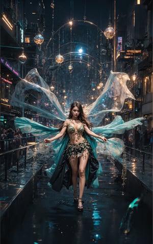 (masterpiece, best quality), (fujifilm), (hyper-realism), 1girl, long hair, (large breast, cleavage), cinematic photo of a pretty girl, dark setting, very intricate . 35mm photograph, broken visuals, film, bokeh, professional, 4k, highly detailed, key visual, vibrant, highly detailed, windy, looking upwards, night mode, particles, glitter, gleam, (cinematic, black and green tones), (full body), soothing, Colorful portraits, Detailedface, Detailedeyes,glitter,shiny,jellyfishforest,FUJI