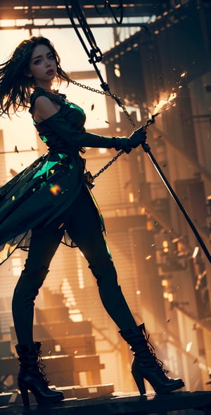 1girl, (long hair, black hair, green eyes:1.3), (next level street wear, black boots, necklace), glitter, black, realistic style, 8k, exposure blend, (tomboy, big breast, slim, angry:1.1), (fighting pose), (full body), (fantasy clothes:1.2), (wind:1.3), dark of night, (aesthetic background),(masterpiece:1.2), (best quality, highest quality), (ultra detailed), (8k, 4k, intricate),(full-body-shot), (50mm), (highly detailed:1.2),(detailed face:1.2), detailed_eyes,(gradients),(ambient light:1.3),(cinematic composition:1.3),(HDR:1),Accent Lighting,extremely detailed,original, highres,(perfect_anatomy:1.2), (ray tracing),dark studio,	 SILHOUETTE LIGHT PARTICLES,fantasy_world