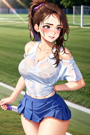 pajama challange, realistic, 1girl, ponytail, parted lips, blush, makeup, light smile, brown hair, sportswear, skirt, wet clothes, glow, thighs, purple eye, bare shoulders, collarbone, narrow waist, sunbeam, sunlight, wind, cleavage, (masterpiece), sweat, sports footwear, tennis ground background