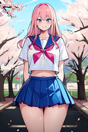 schoolgirl, pink hair, small breasts, (wide hips:1.2), standing, smile, school uniform, blue miniskirt, hands at sides, looking at viewer, outside, near tree, arms behind back, (road:0.6), pov, looking at viewer, facing viewer, perfect eyes, blue eyes, cherry blossom, schoolgirl, pink hair, small breasts, (wide hips:1.2), standing, smile, school uniform, blue miniskirt, hands at sides, looking at viewer, outside, near tree, arms behind back, (road:0.6), pov, looking at viewer, facing viewer, perfect eyes, blue eyes, cherry blossom