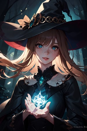 (best quality, masterpiece, realistic, detailed), 8k CG, perfect artwork, 1 girl, adult hungarian woman, slender, freckles, solo, teal eyes, light brown long hair, portrait, looking down, solo, (full body:0.6), detailed background, light smile, witch hat, witch, magical atmosphere, hair flowing in the wind, green trimmed dark colored clothes, colorful glowing magic spell in the air, swirling portal, dark magic, (style-swirlmagic:0.8), floating particles, dark sinister forest background, updraft, backlighting